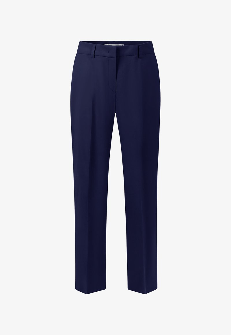 Navy blue tailored dress pants with belt loops, front zipper, and straight-leg fit, displayed against a white background.