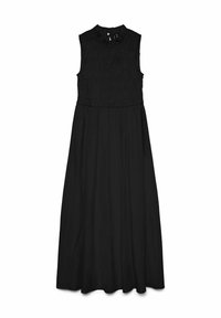 Robe noire sans manches en tissu lisse, dotée d'un corsage froncé, d'un col haut et d'une jupe fluide atteignant la longueur des chevilles.
