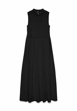 Czarna sukienka bez rękawów z gładkiego materiału, z marszczoną górą, wysokim dekoltem i zwiewną spódnicą sięgającą kostek.