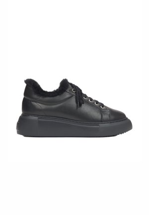 Black leather sneakers with a textured, fuzzy collar, round lace-up design, and thick rubber sole. Features metal eyelets and a sleek silhouette.