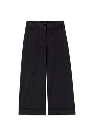 Sorte bukser med vide ben, knap- og lynlåslukning, bæltestropper og opsmøgede kanter, vist på en hvid baggrund.