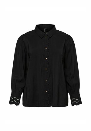 Blusa nera a maniche lunghe con placket a bottoni ondulato, colletto a punta, maniche a palloncino e polsini scallop con dettagli a zigzag ritagliati.