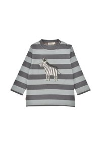 Langarmhemd mit grauen und hellblauen horizontalen Streifen, das ein Zebra-Design auf der Vorderseite aufweist. Mit Druckknöpfen an der Schulter befestigt.