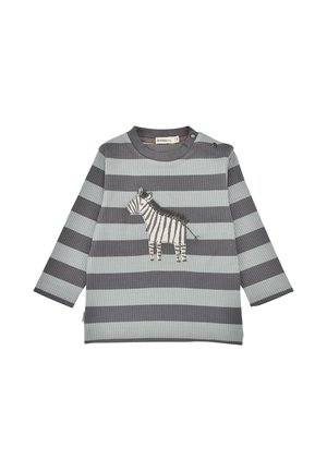 Langarmhemd mit grauen und hellblauen horizontalen Streifen, das ein Zebra-Design auf der Vorderseite aufweist. Mit Druckknöpfen an der Schulter befestigt.