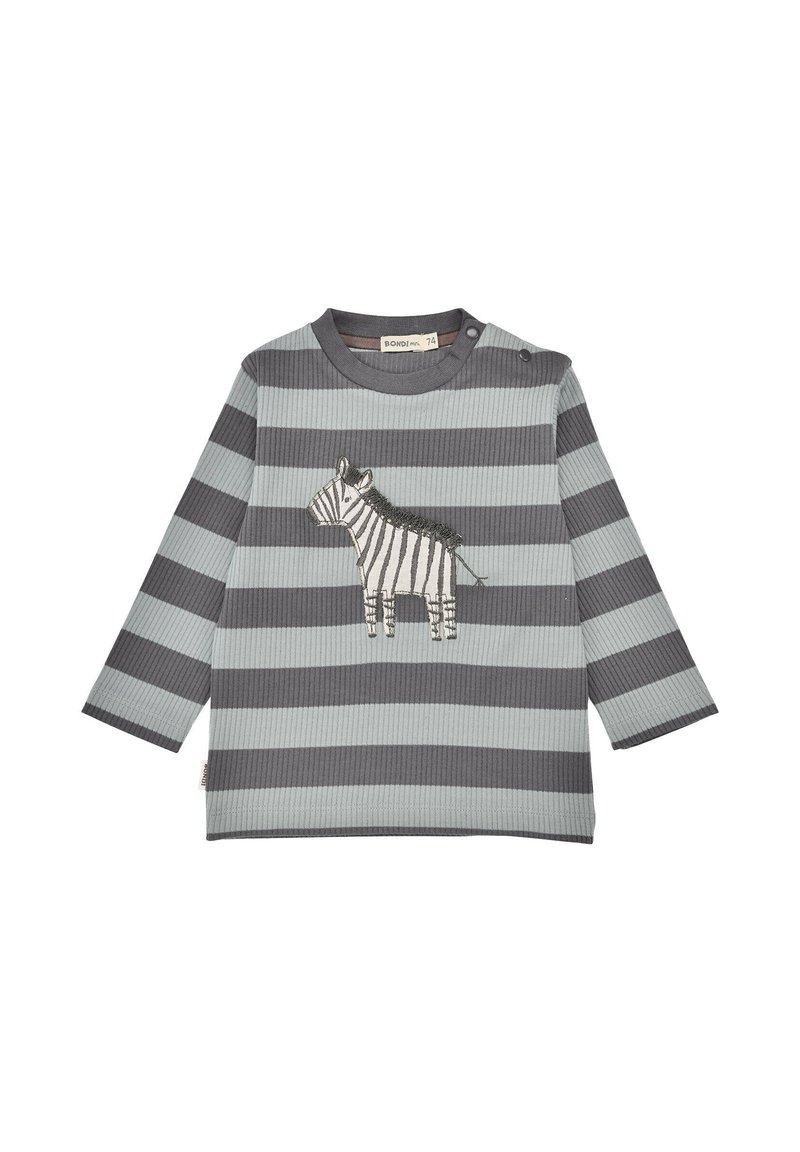 Langarmhemd mit grauen und hellblauen horizontalen Streifen, das ein Zebra-Design auf der Vorderseite aufweist. Mit Druckknöpfen an der Schulter befestigt.