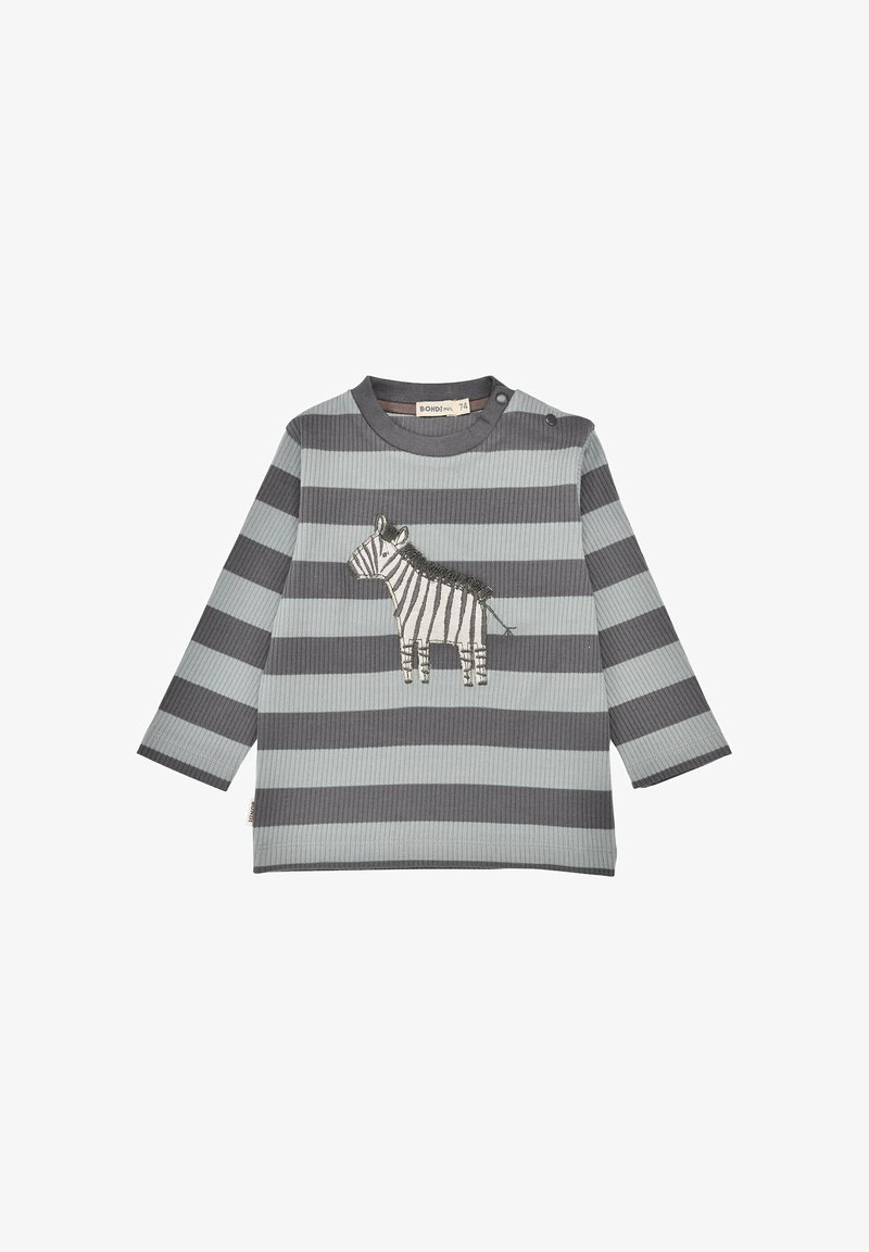 Langarmhemd mit grauen und hellblauen horizontalen Streifen, das ein Zebra-Design auf der Vorderseite aufweist. Mit Druckknöpfen an der Schulter befestigt.