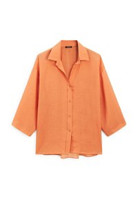 Oranje linnen overhemd met een ontspannen pasvorm, korte mouwen, een rechte zoom en een kraag met een sluiting met knopen aan de voorkant.