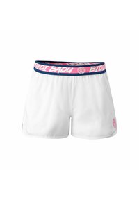 Pantalones cortos deportivos blancos con una cinturilla en rosa y azul marino que presenta el texto y el logo "BIDI BADU", y un pequeño logo rosa en la pierna izquierda.