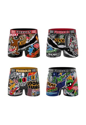 Quatre paires de boxers colorés présentant les personnages de Looney Tunes : Taz, Bugs Bunny, Daffy Duck avec Porky Pig, et Marvin le Martien avec un texte et des graphismes audacieux.