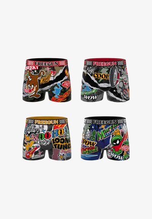 Quatre paires de boxers colorés présentant les personnages de Looney Tunes : Taz, Bugs Bunny, Daffy Duck avec Porky Pig, et Marvin le Martien avec un texte et des graphismes audacieux.