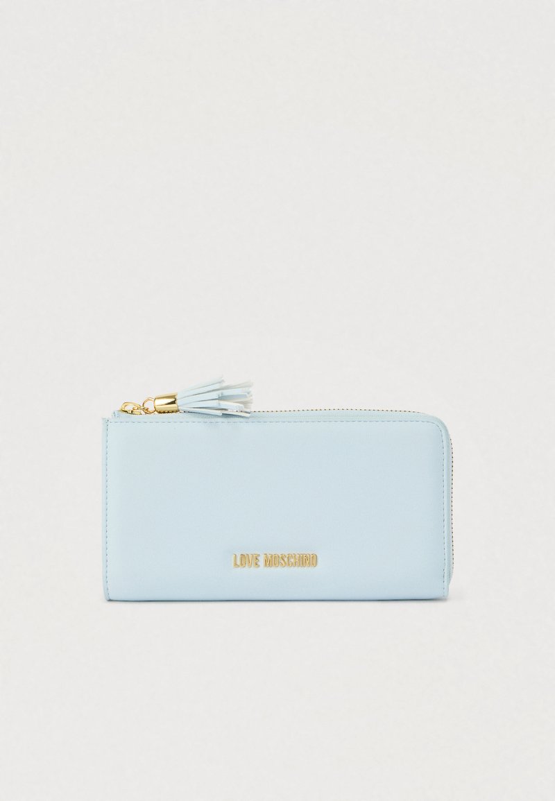 Light blue wallet with a smooth texture, gold hardware, and a tassel zipper pull. Features "LOVE MOSCHINO" logo in gold lettering.