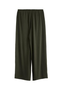 Pantaloni larghi di colore verde scuro, con vita elastica, disposti piatti su uno sfondo bianco.