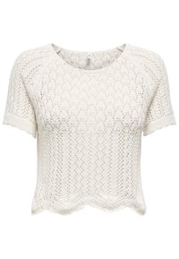 Krátký rukáv bílý pletený pulovr s texturovaným vzorem, vlněným lemem a kulatým výstřihem, zdobený otvorovanými detaily po celé ploše.