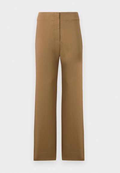 Brown tailored trousers with a straight leg design, featuring a flat front and no visible pockets, smooth texture, and a clean cut at the waist.