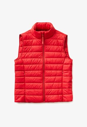 Czerwona pikowana bezrękawnikowa kamizelka puchowa z przednim zamkiem błyskawicznym i stójką, z poziomym przeszyciem i kieszeniami po bokach.