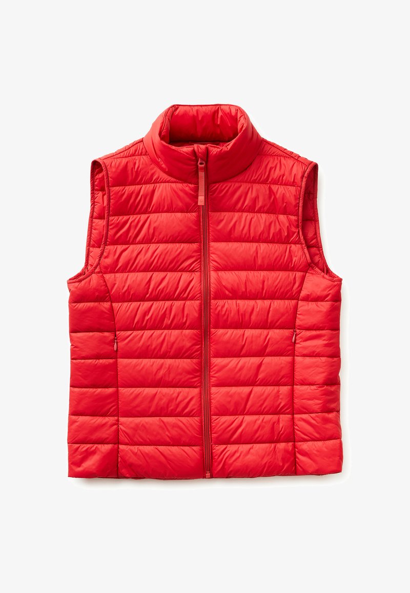 Rote gesteppte ärmellose Steppweste mit Vorderreißverschluss und Stehkragen, zeigt horizontale Nähte und Seitentaschen.