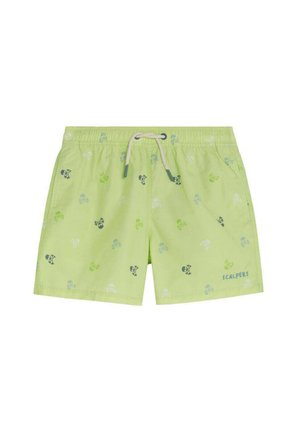Bañador corto verde claro con estampados de calaveras multicolores, cintura elástica, cordón blanco y texto "Scalpers" en la pierna derecha delantera.