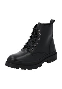 Stivale alla caviglia in pelle nera con punta tonda, design con lacci, occhielli argentati, colletto texture e suola in gomma spessa con battistrada.