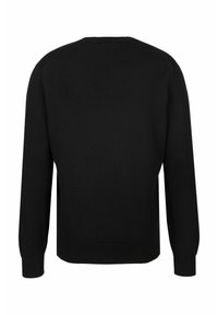 Schwarzer Pullover mit langen Ärmeln, Rundhalsausschnitt und glatter Textur. Verfügt über gerippte Bündchen und Saum, entworfen für eine lockere Passform.