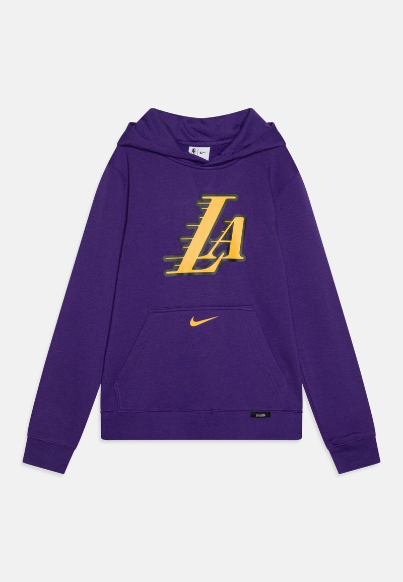 Lilla hettegenser laget av myk stof med et stort gult "LA"-grafikk på forsiden, en kengurulomme og med Nike-logo som detalj.