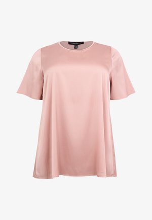 Hellrosa kurzärmliges Oberteil aus glattem Stoff, mit Rundhalsausschnitt und A-Linien-Silhouette für eine lockere Passform. Keine auffälligen Muster oder Verzierungen.
