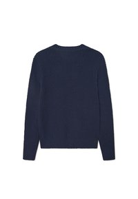 Navy knitted sweater featuring a textured pattern, round neckline, and ribbed cuffs and hem, designed for a relaxed fit.