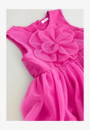 Rožinės spalvos suknelė be rankovių, pagaminta iš minkštos medžiagos, su susegta sijono dalimi ir didele tiulio gėle prie liemens. Užsegama užpakalinėse sagose.