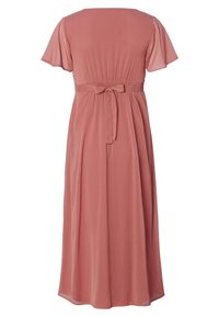 Maxi šaty z jemné, prachově růžové tkaniny; krátké volánkové rukávy; dobře padnoucí pas s vázáním vzadu; hladká, lehká textura.