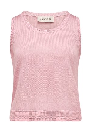 Sleeveless pink knitted crop top with round neckline and ribbed hem, labeled "Cartoon" at the collar.