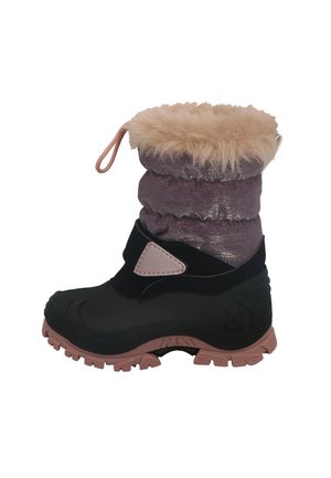 Black and purple waterproof boot with a fluffy tan cuff, rubber sole, and Velcro strap. Textured upper and durable traction outsole.
