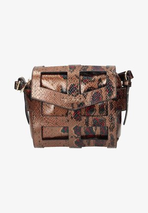 Bruine faux slangenhuid crossbodytas met uitgesneden rechthoeken, multicolor bloemenpatroon, gouden "nobo" logo en verstelbare riem met gouden gesp.