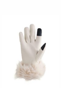 Touchscreen-kompatibel handske med en beige skalk, svarta fingertoppar och en mjuk fuskpälskant. Designad med en snug, ergonomisk passform.