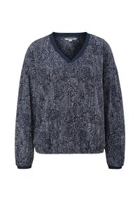 Dunkelblaues Pullover mit V-Ausschnitt und langen Ärmeln, der ein strukturiertes Blumendesign in helleren Farbtönen aufweist sowie einen elastischen Saum und elastische Bündchen.