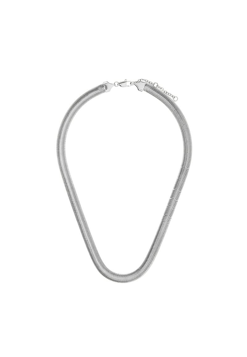 Srebrny naszyjnik z metalowymi elementami o gładkim, elastycznym wzornictwie z kształtem kropli łzy i pewnym zapięciem. Teksturowana powierzchnia.