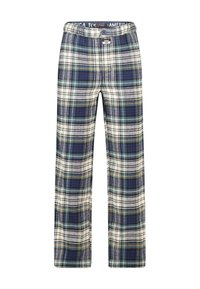 Pantalones de pijama de cuadros en azul, verde y crema; hechos de una tela suave con una cintura elástica y cierre de botón. Presentan un patrón a cuadros.