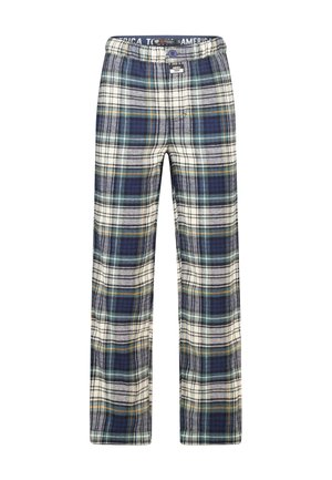 Geruite pyjamabroek in blauw, groen en crème; gemaakt van zachte stof met een elastische tailleband en knoopsluiting. Bevat een geruit patroon.