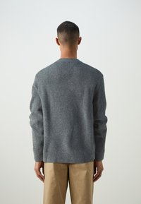 Maglione grigio in lana con scollo a girocollo a costine e maniche lunghe, caratterizzato da una vestibilità ampia e una finitura testurizzata, visto da dietro.
