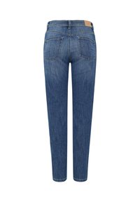 Jean en denim bleu à taille haute, avec deux poches arrière et une étiquette de marque en cuir sur la ceinture, vu de dos.