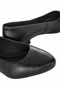 Czarne skórzane baleriny z ostrym noskiem, niskim obcasem i gładką fakturą. Brak widocznych elementów metalowych lub ozdób. Prosty design.