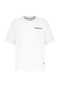 White cotton t-shirt with a crew neck, short sleeves, and "DOWNTOWN CLUB" printed in black on the front. Features a straight fit and no patterns.