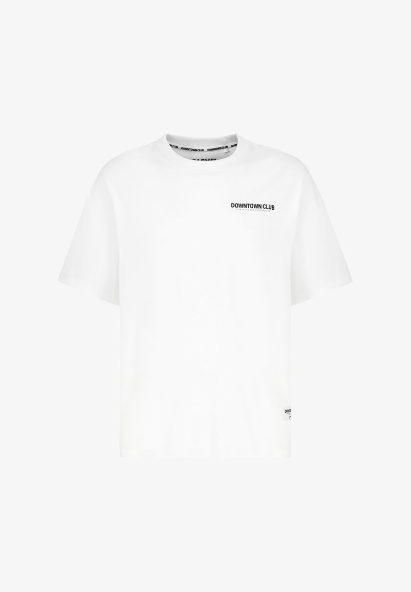 White cotton t-shirt with a crew neck, short sleeves, and "DOWNTOWN CLUB" printed in black on the front. Features a straight fit and no patterns.
