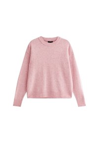 Růžový pletený svetr, kulatý výstřih, spadlé ramena a žebrované manžety a lem. Měkká textura s volným střihem.
