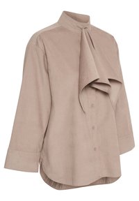Beige skjorte med knapper og høj krave samt draperet detalje foran. Lavet af glat materiale, har lange ærmer og en rundet kant.