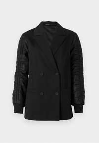 Svart dobbeltspent blazer med draperte satinsleeves og knappe mansjetter, med klaffelapper og frontlommer.