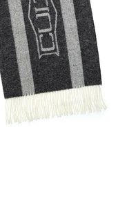 Sciarpa grigia e nera a righe con bordo frangiato. Il materiale appare morbido, con un motivo logo al centro.
