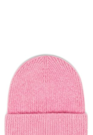Knitted beanie in bright pink; features ribbed texture and folded cuff at the bottom. Soft wool blend material.
