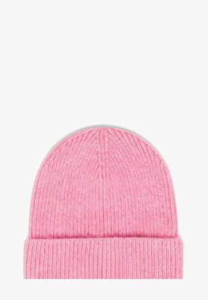 Knitted beanie in bright pink; features ribbed texture and folded cuff at the bottom. Soft wool blend material.
