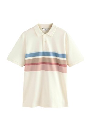 Polo majica v kremni barvi z vodoravnimi črtami: svetlo modra, rjava in roza. Ima ovratnik in sprednjo odprtino z dvema gumboma. Mehka tkanina.