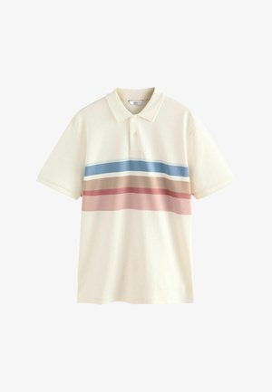 Polo majica v kremni barvi z vodoravnimi črtami: svetlo modra, rjava in roza. Ima ovratnik in sprednjo odprtino z dvema gumboma. Mehka tkanina.