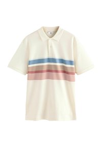 Polo shirt in crèmekleurige katoen met horizontale strepen in lichtblauw, bruin en roze. Bevat een klassieke kraag en een twee-knops knoopsluiting.